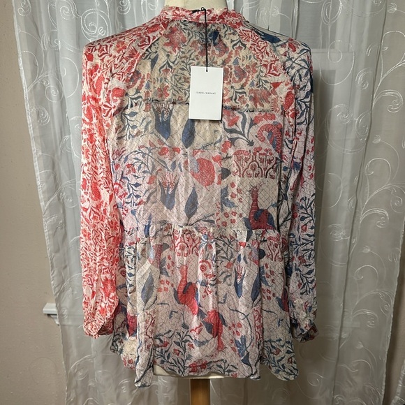 Isabel Marant Floral Bird Sheer Silk Babydoll Blouse size 36 -Small NEW Red Blue - Picture 2 of 16